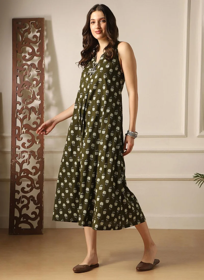 globus Globus Women Olive Floral Print V-Neck Back Twisted Knot Style Flared Hem A-Line Midi Dress